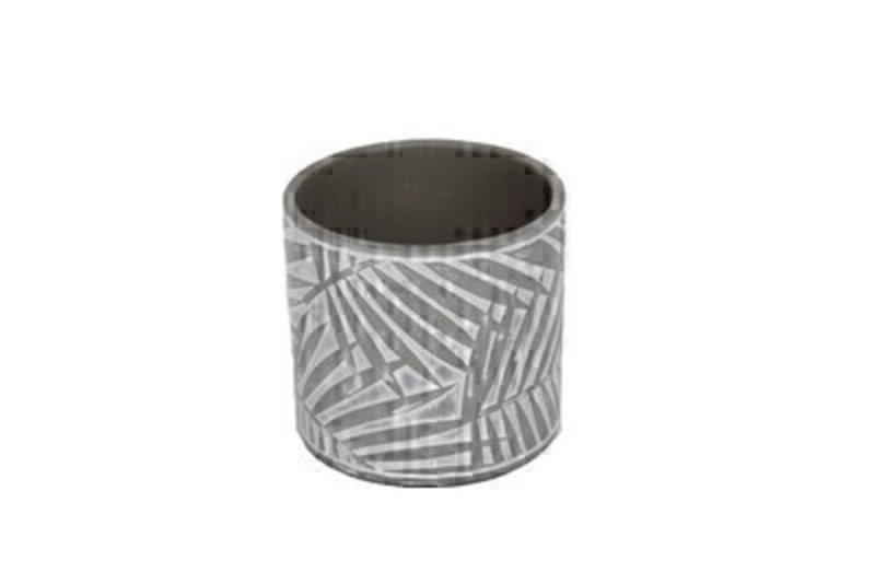 Palm leaf round concrete pot in grey and white by designer Gisela Graham. The palm leaf design will give a tropical vibe to your home or garden.